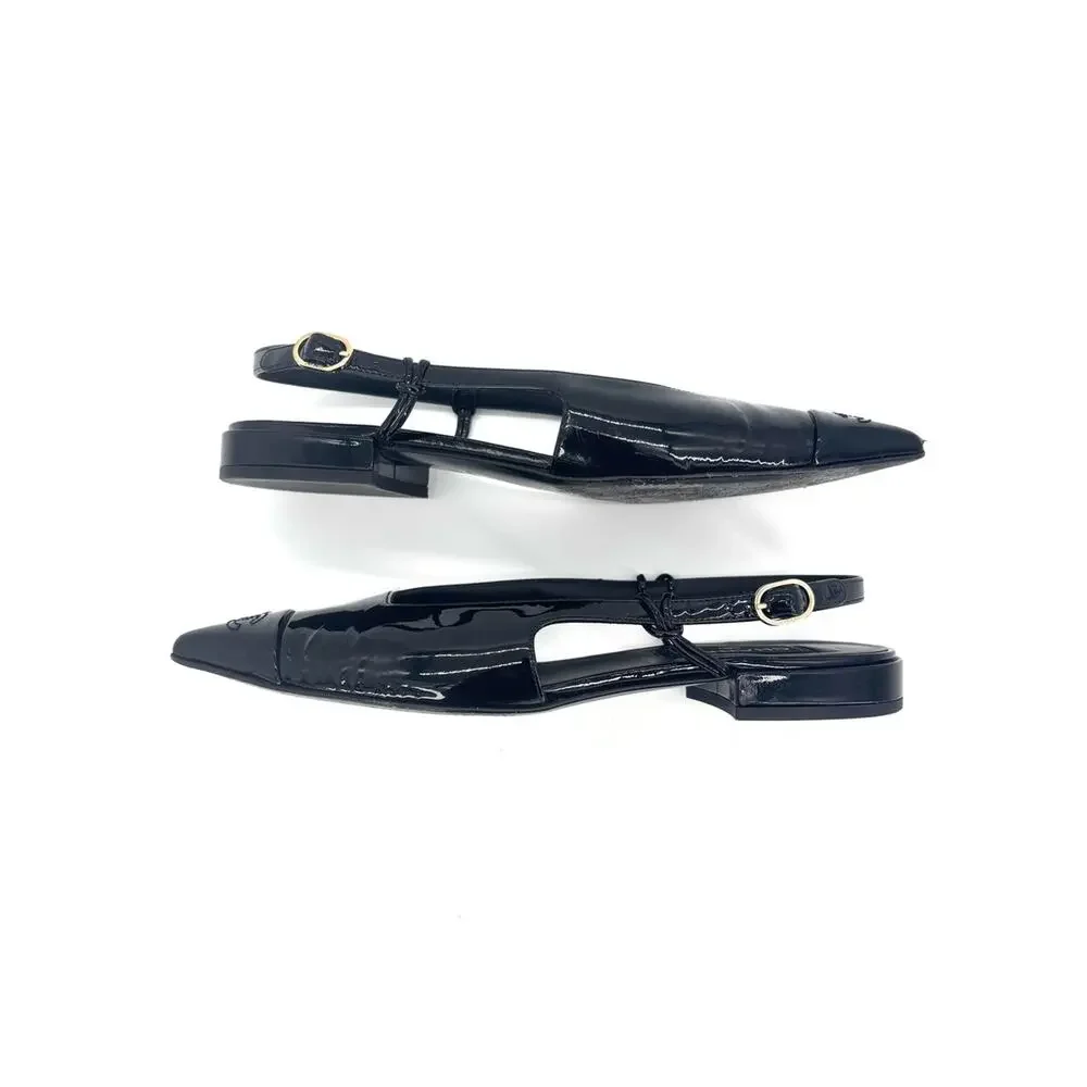 Chanel CC Logo Cap Toe Black Patent Leather Slingback Flats 37.5